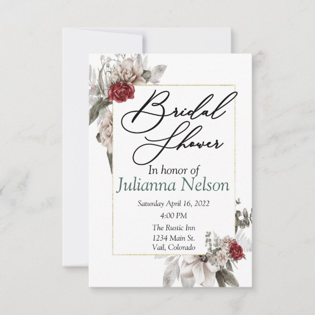 Invitación Elegante acuarela floral en rojo y niebla invitata (Anverso)