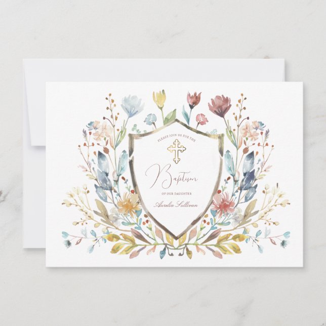 Invitación Elegante acuarela Floral Escudo bautismo (Anverso)
