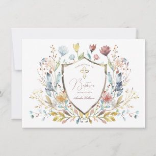 Invitación Elegante acuarela Floral Escudo bautismo