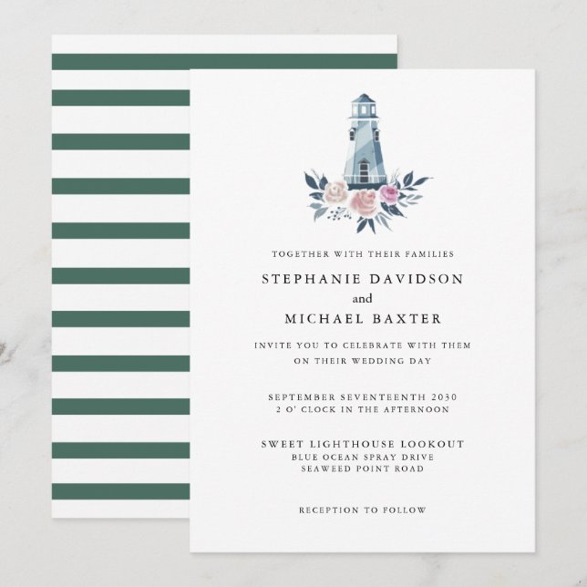 Invitación Elegante acuarela Floral Faro Nautical (Anverso / Reverso)