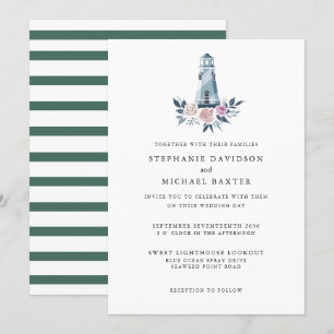 Invitación Elegante acuarela Floral Faro Nautical