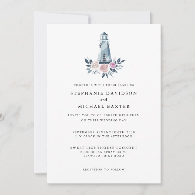 Invitación Elegante acuarela Floral Faro Nautical (Anverso)