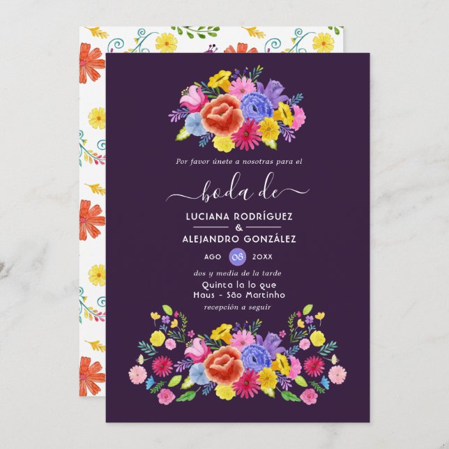 Invitación Elegante acuarela Floral Fiesta Boda español (Anverso / Reverso)