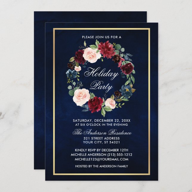 Invitación Elegante acuarela Floral Fiesta de vacaciones de o (Anverso / Reverso)