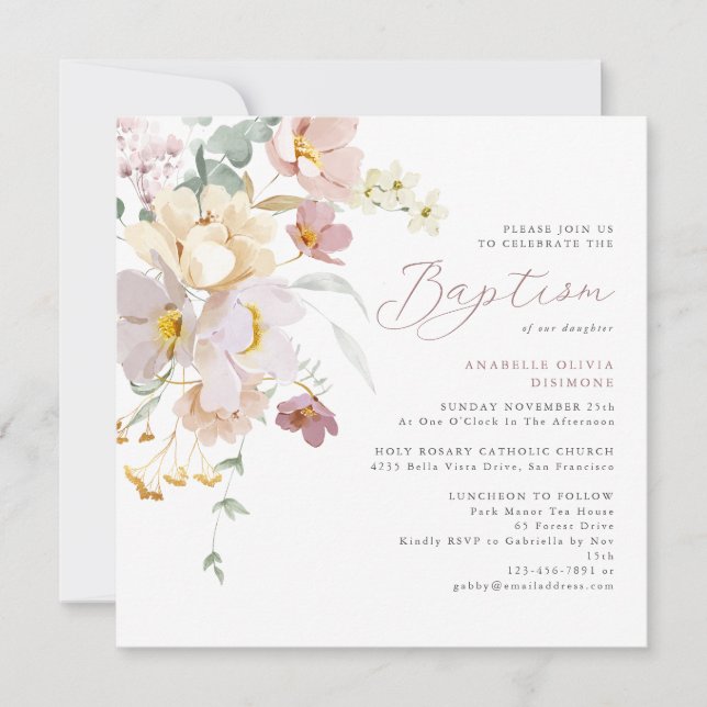 Invitación Elegante acuarela Floral Foto Bautismo (Anverso)