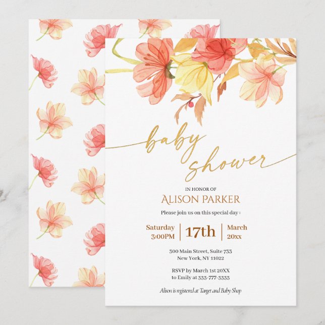 Invitación Elegante acuarela Floral Gold Script Baby Shower (Anverso / Reverso)