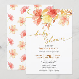 Invitación Elegante acuarela Floral Gold Script Baby Shower