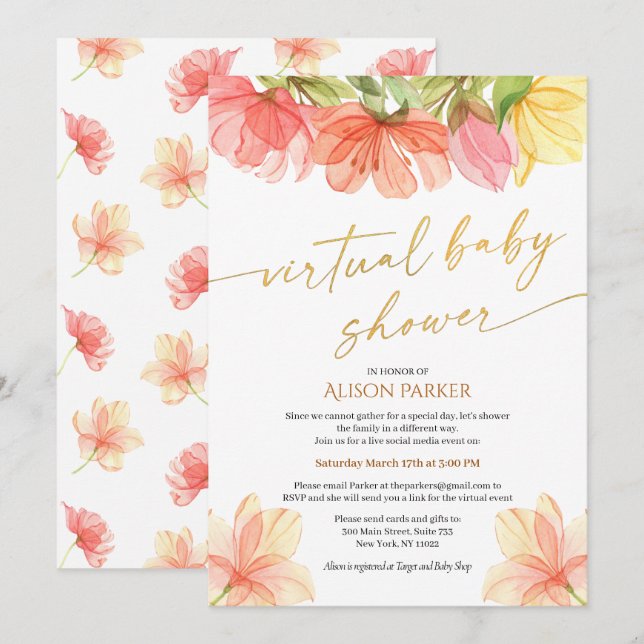 Invitación Elegante acuarela Floral Gold Script virtual (Anverso / Reverso)