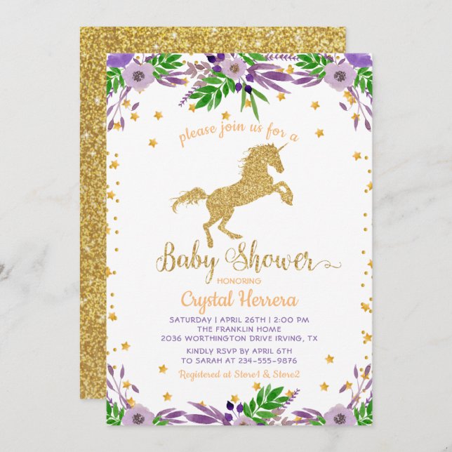 Invitación Elegante acuarela Floral Gold Unicorn Baby Shower (Anverso / Reverso)