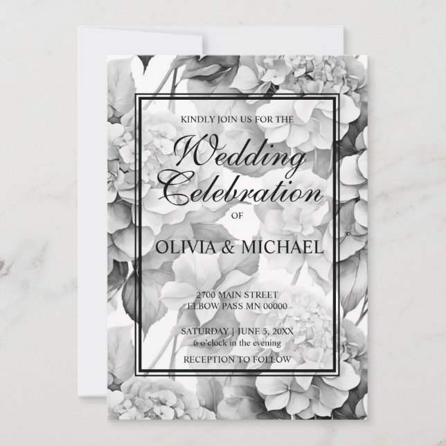 Invitación Elegante acuarela floral gris y blanco (Anverso)