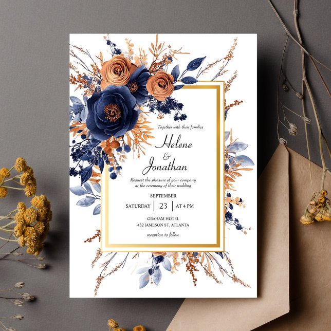 Invitación Elegante acuarela Floral Marina Boda de óxido azul (Elegant Watercolor Floral Navy Blue Rust Wedding Invitation)