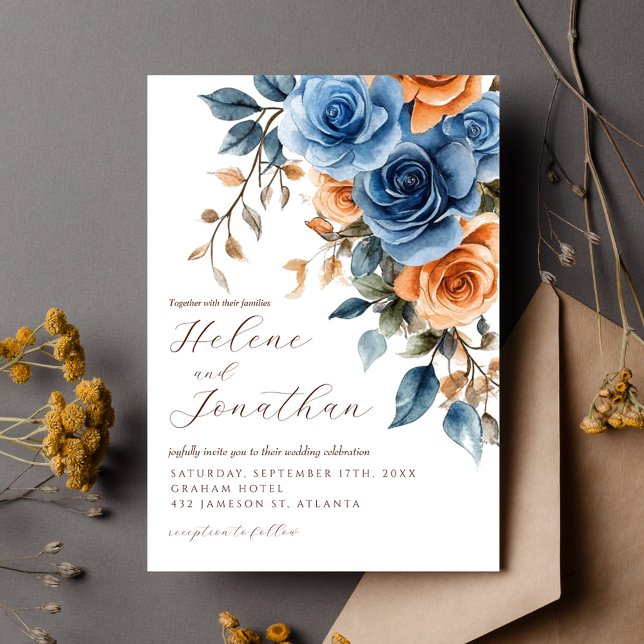 Invitación Elegante acuarela Floral Marina Boda de óxido azul (Elegant Watercolor Floral Navy Blue Rust Wedding Invitation)