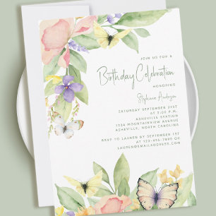 Invitación Elegante acuarela floral mariposa fiesta de cumple