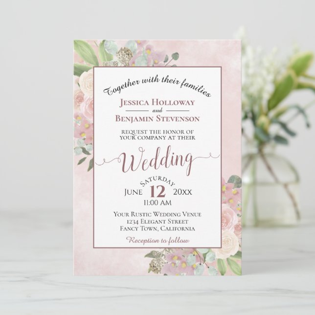 Invitación Elegante acuarela Floral Mauve Boho rosa Boda (Anverso de pie)