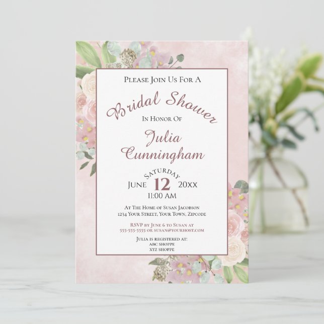 Invitación Elegante acuarela Floral Mauve Bridal Ducha Rosa