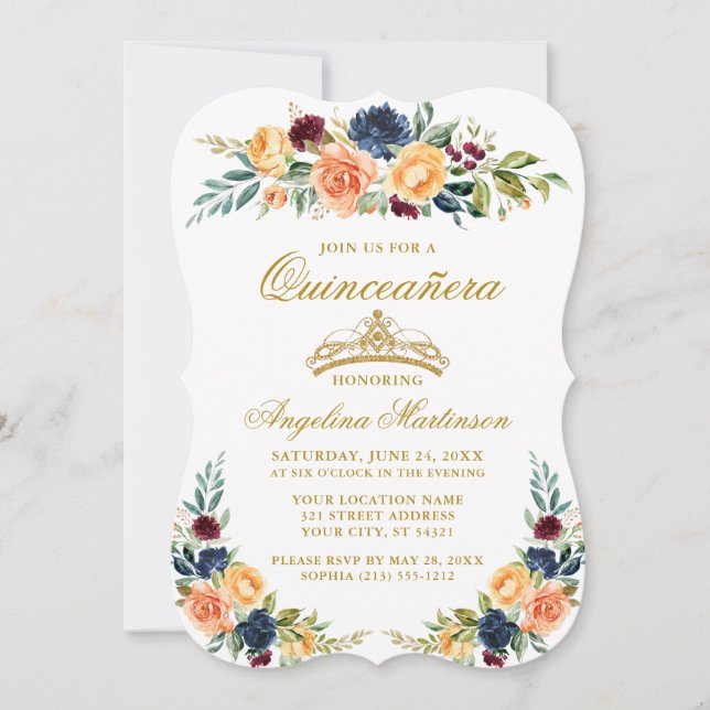 Invitación Elegante acuarela Floral mixta Quinceanera (Anverso)