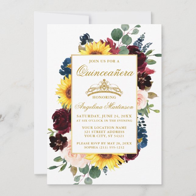 Invitación Elegante acuarela Floral mixta Quinceanera Gold (Anverso)