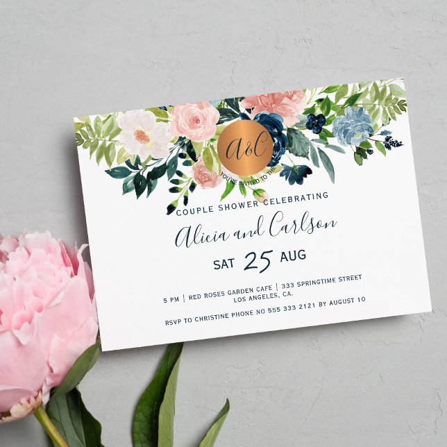 Invitación Elegante acuarela floral monograma ducha pareja (Subido por el creador)