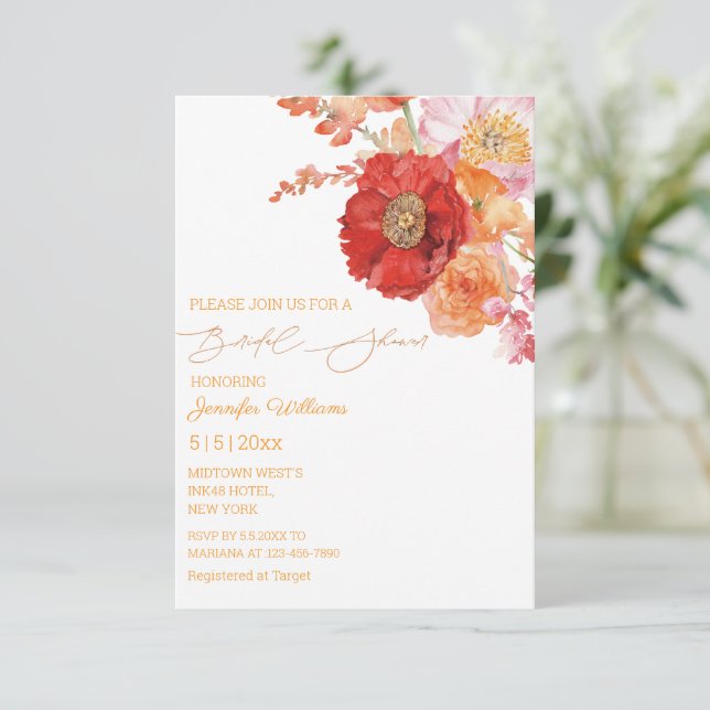 Invitación elegante acuarela floral naranja ducha de novia (Anverso de pie)