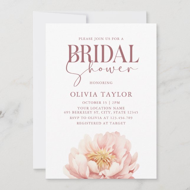 Invitación Elegante acuarela floral Peony Bridal Shower (Anverso)