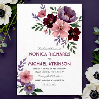 Invitación Elegante acuarela Floral Pluma Borgoña Boda
