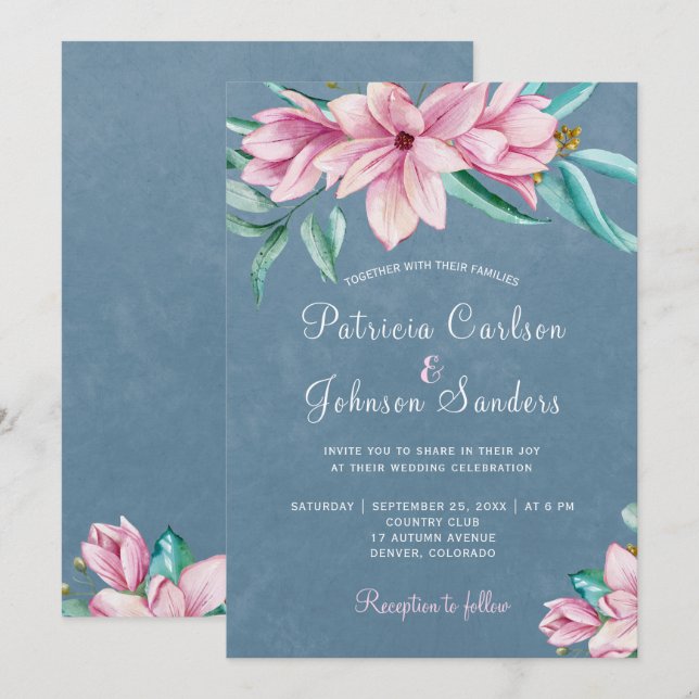 Invitación Elegante acuarela floral polvoriento boda azul (Anverso / Reverso)