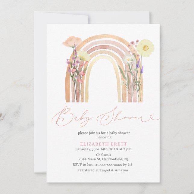 Invitación Elegante acuarela Floral Rainbow Baby Shower (Anverso)