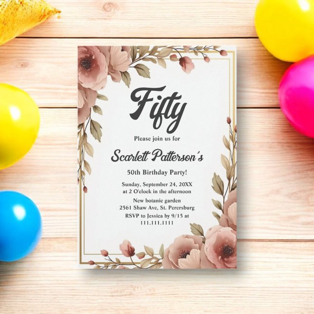 Invitación Elegante acuarela Floral Romántica 50 cumpleaños (Subido por el creador)