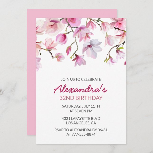 Invitación Elegante acuarela floral rosa 34 años (Anverso / Reverso)