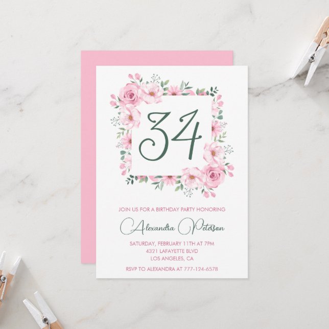 Invitación Elegante acuarela floral rosa 34 años (Anverso/Reverso In Situ)