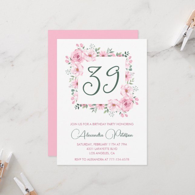 Invitación Elegante acuarela floral rosa 39 años (Anverso/Reverso In Situ)