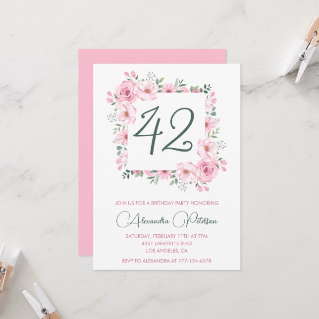 Invitación Elegante acuarela floral rosa 42 cumpleaños (Anverso/Reverso In Situ)