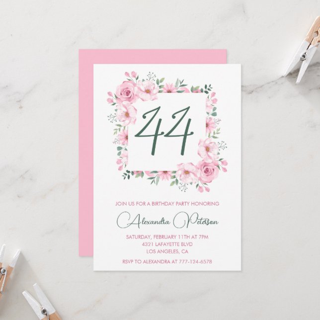 Invitación Elegante acuarela floral rosa 44 años (Anverso/Reverso In Situ)