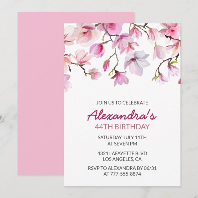 Invitación Elegante acuarela floral rosa 44 años (Anverso / Reverso)