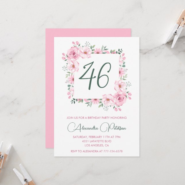 Invitación Elegante acuarela floral rosa 46 cumpleaños (Anverso/Reverso In Situ)