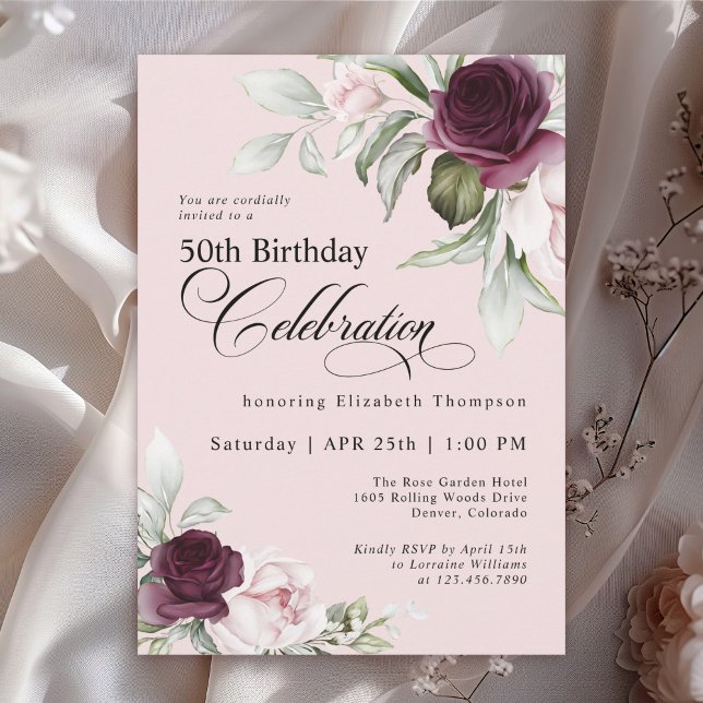 Invitación Elegante acuarela Floral Rosa 50 cumpleaños (Available in both printed and instant download digital formats.)