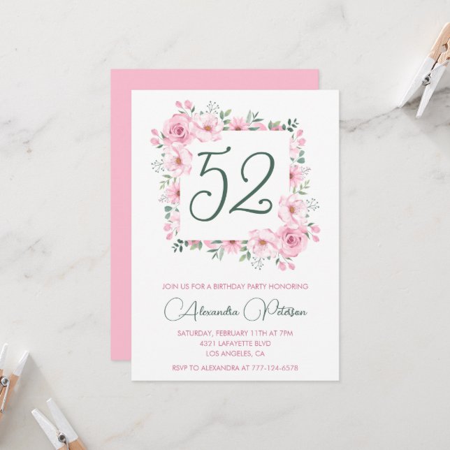 Invitación Elegante acuarela floral rosa 52 cumpleaños (Anverso/Reverso In Situ)