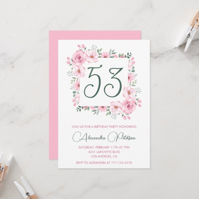 Invitación Elegante acuarela floral rosa 53 años (Anverso/Reverso In Situ)