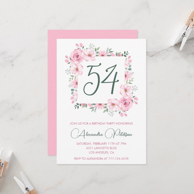 Invitación Elegante acuarela floral rosa 54 años (Anverso/Reverso In Situ)