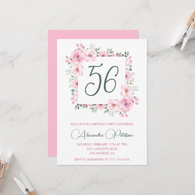 Invitación Elegante acuarela floral rosa 56 cumpleaños (Anverso/Reverso In Situ)