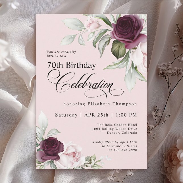 Invitación Elegante acuarela Floral Rosa 70 cumpleaños (Available in both printed and instant download digital formats.)