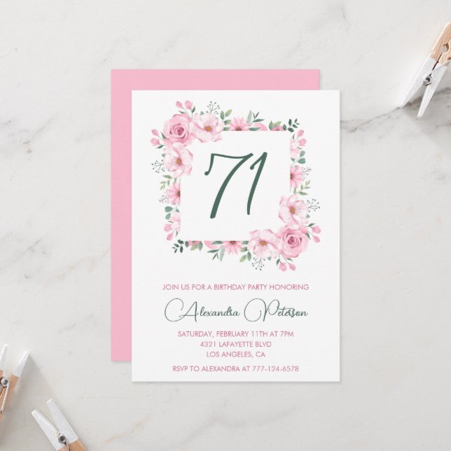 Invitación Elegante acuarela floral rosa 71 cumpleaños (Anverso/Reverso In Situ)