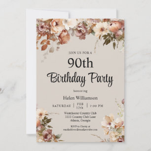 Invitación Elegante acuarela Floral rosa 90 cumpleaños