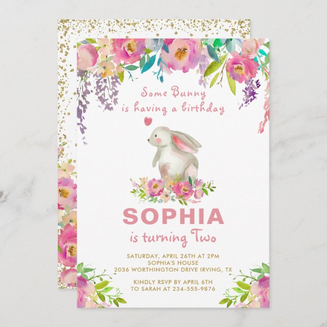 Invitación Elegante acuarela Floral rosa algunos conejitos cu (Anverso / Reverso)