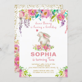 Invitación Elegante acuarela Floral rosa algunos conejitos cu