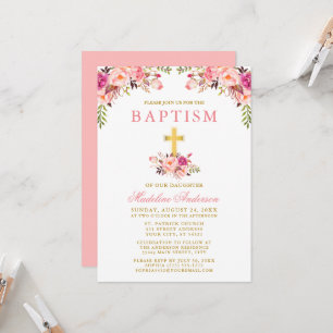 Invitación Elegante acuarela Floral rosa Bautismo de oro
