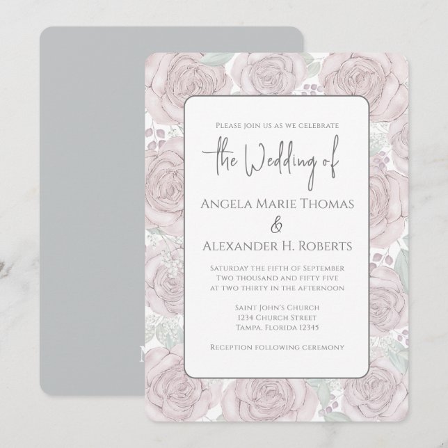 Invitación Elegante acuarela floral Rosa clásico (Anverso / Reverso)