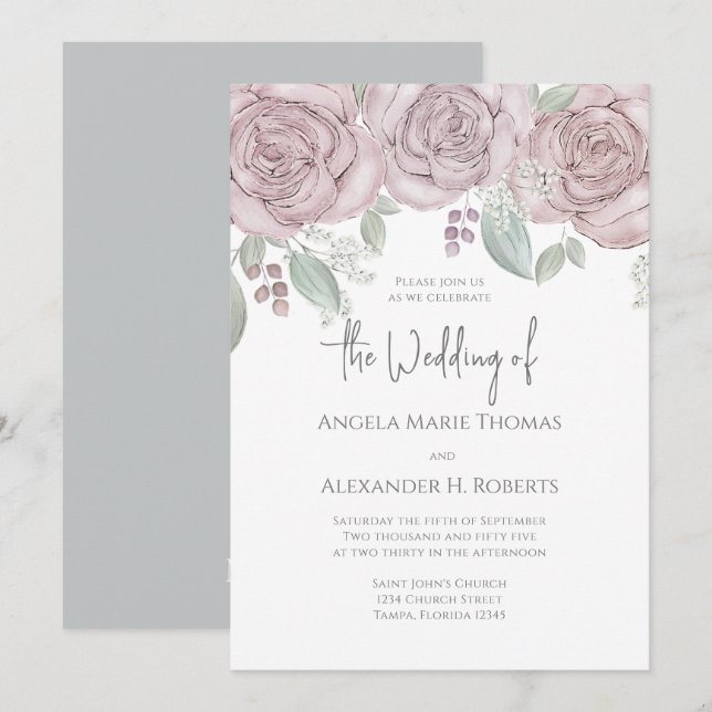 Invitación Elegante acuarela floral Rosa clásico (Anverso / Reverso)