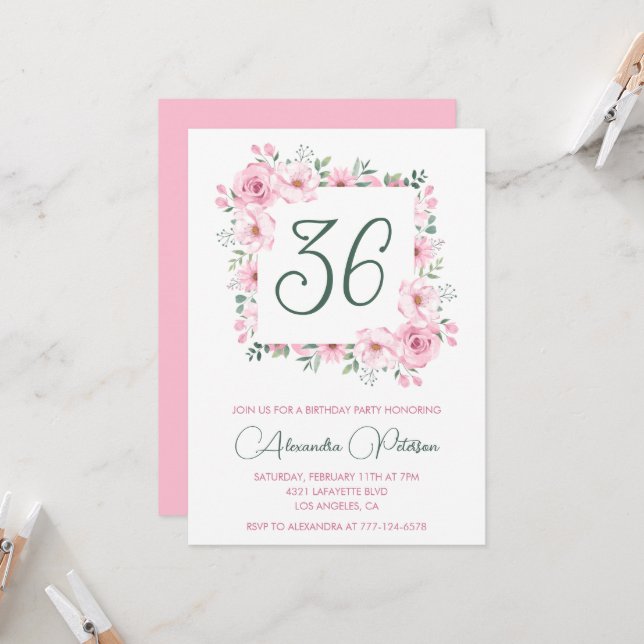 Invitación Elegante acuarela floral rosa de 36 años (Anverso/Reverso In Situ)