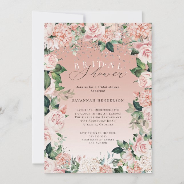 Invitación Elegante acuarela Floral rosa ducha de novia (Anverso)